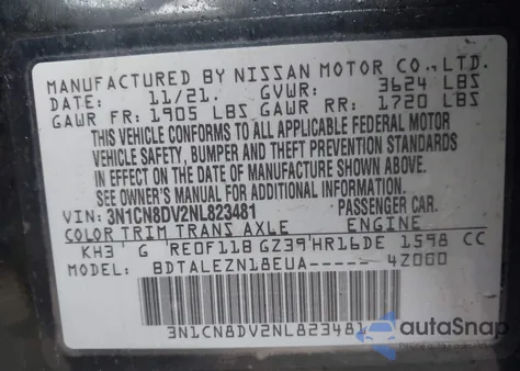 2022 Nissan Versa 1.6 S Xtronic Cvt from USA, damaged, VIN 3N1CN8DV2NL823481